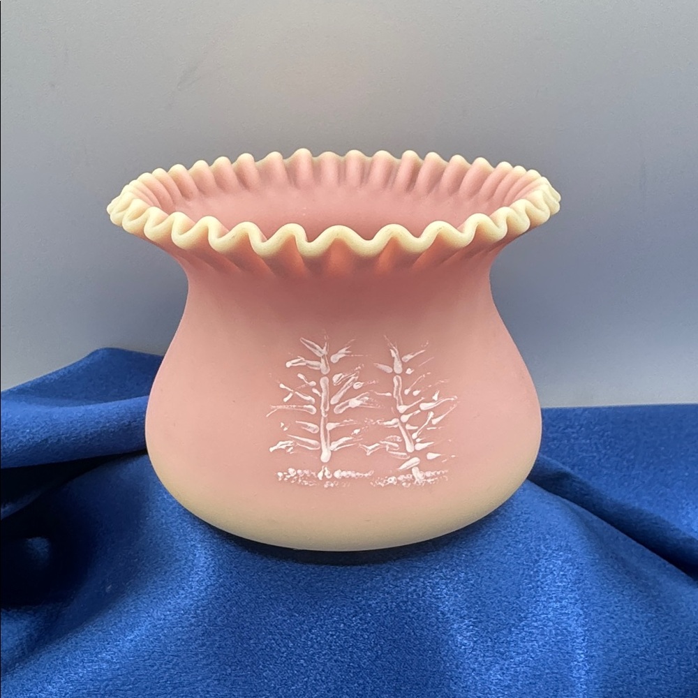 Ruffled Rim Matte Pink Bud Vase with Embossed Botanical Design, it Glows!